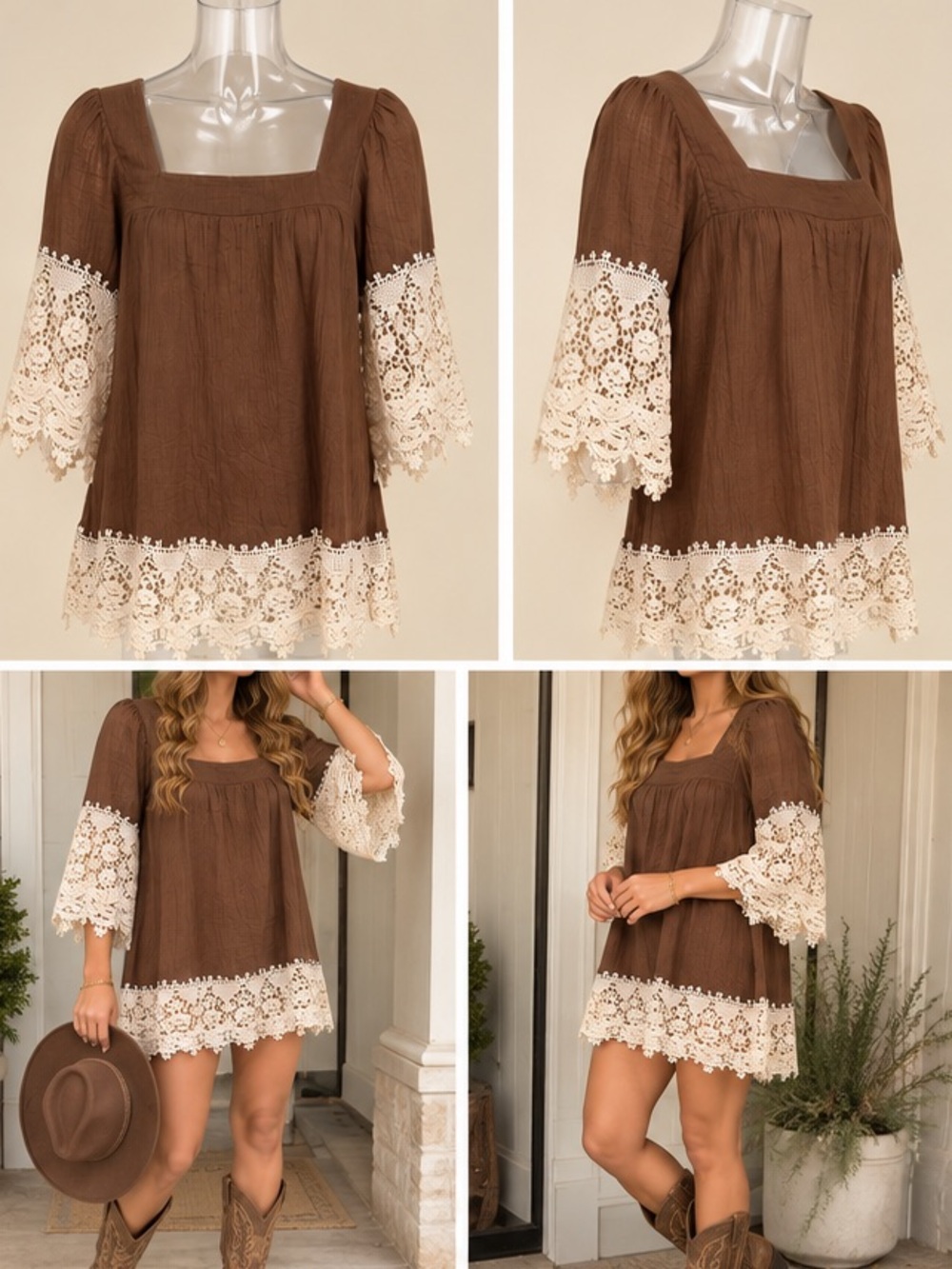 Brown Crochet Lace Trim Boho/Western Tunic Dress – Size L